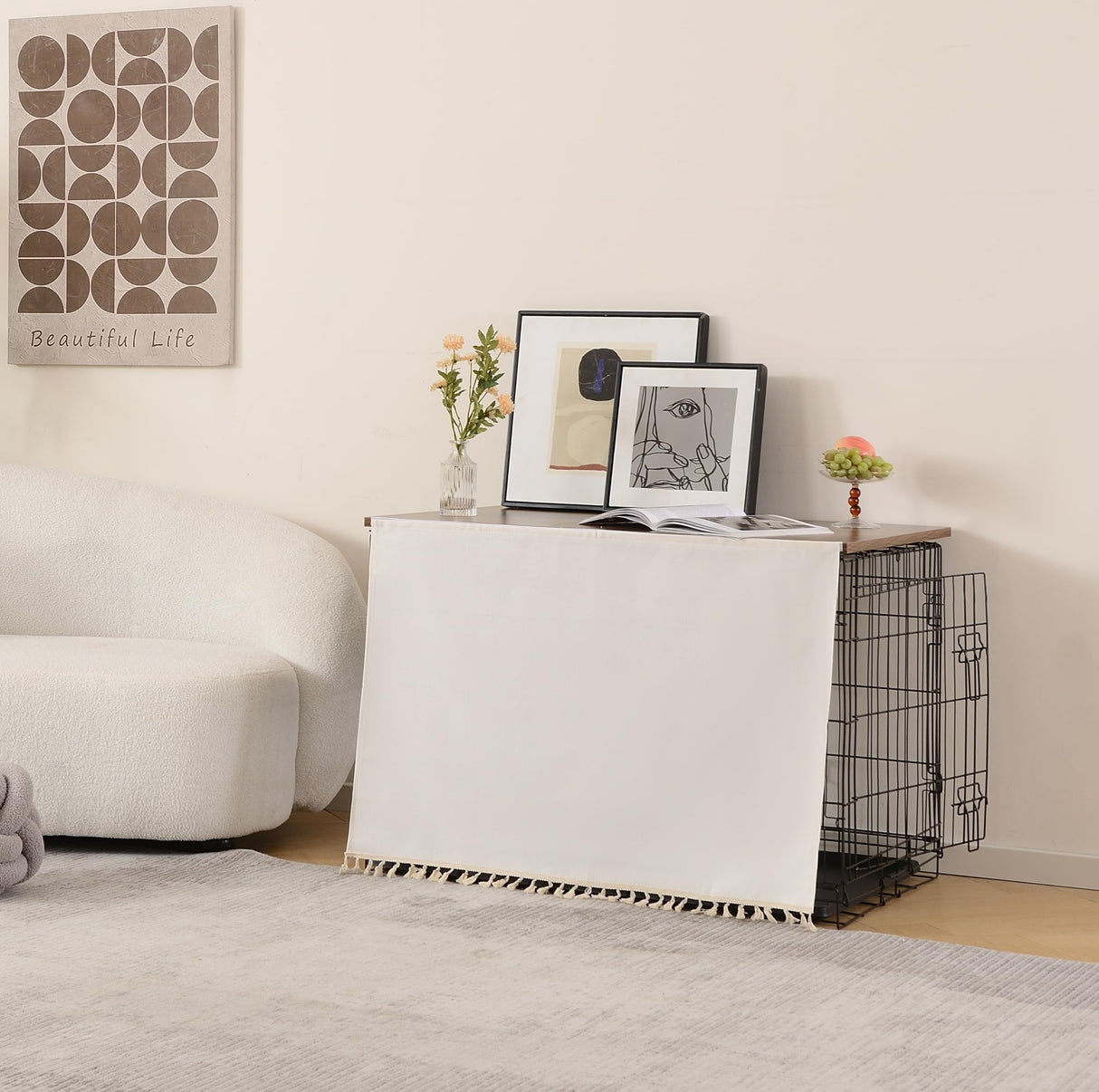 VIE DE AMAN Dog Crate Topper Wood for 48 42 36 24 inch Cages, Dog Crate Table Topper with Tassel Curtain, Rustic Style Dog Kennel Topper, Rustic Brown(Dog Crate Not Include) VIE DE AMAN