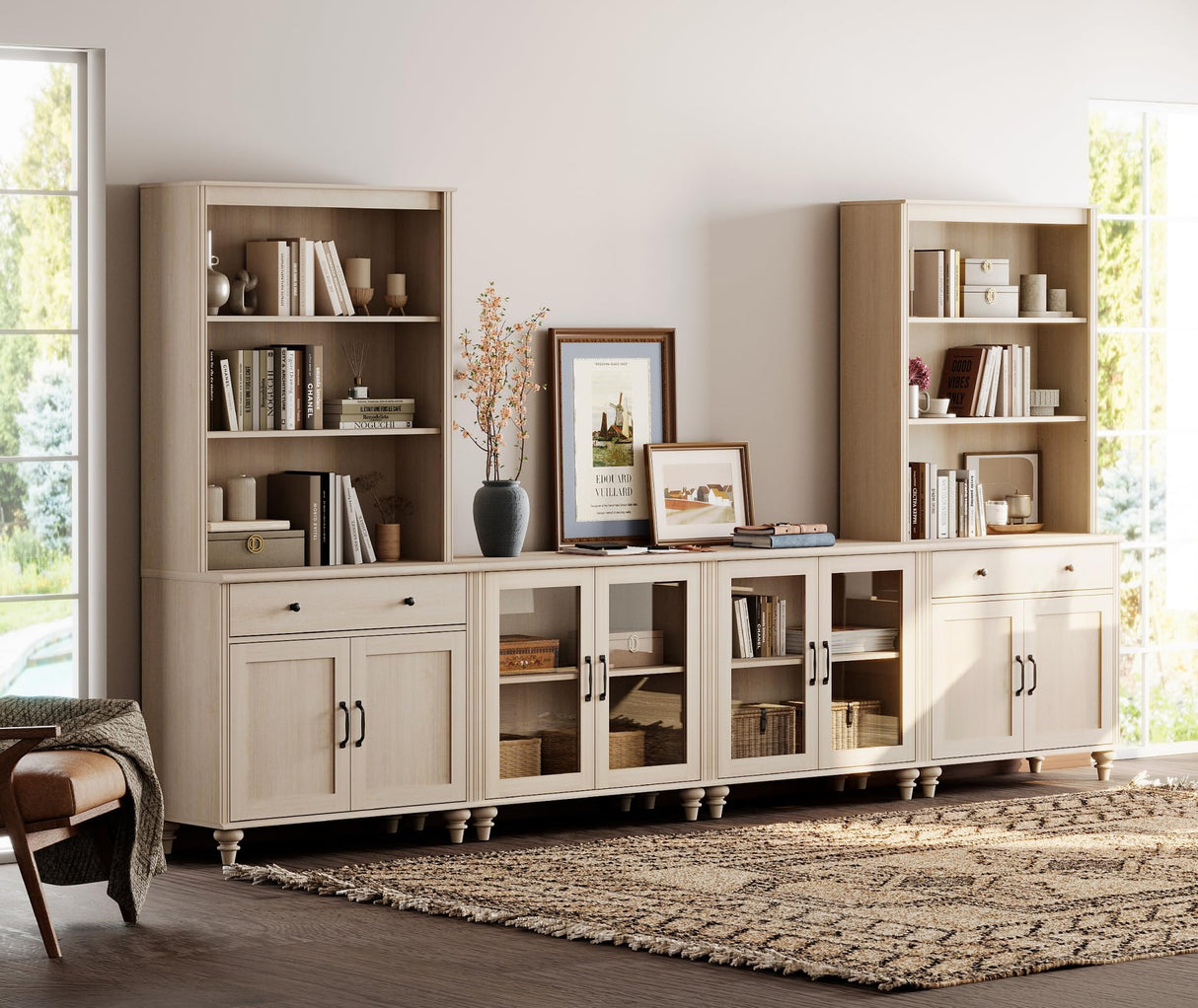 WAMPAT Entertainment Center with Bookshelves for TVs up to 75", Farmhouse Wall Unit TV Stand with Glass Doors & Drawer, Media Console Table for Living Room, Bedroom & Home Theater, Beige WAMPAT