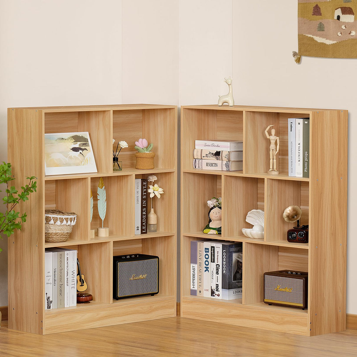 LEYAOYAO 7 Cube Bookshelf with Base,3 Tier Mid-Century Modern Natural Bookcase,Standing Wide Bookshelves Storage Organizer Shelf,Rustic Wood Display Cabinet Book Shelves for Bedroom,Living Room,Office LEYAOYAO