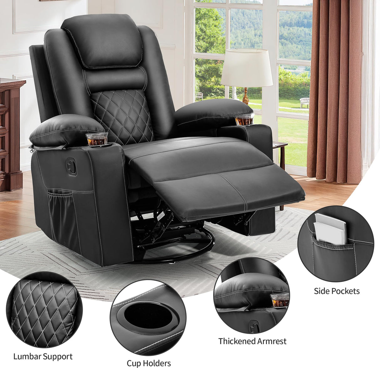 YITAHOME Recliner Chair,PU Rocking Chair for Adults,Swivel Recliner with Cup Holders,Heat and Massage,Single Sofa Seat with Side Pockets for Living Room/Bedroom,Black YITAHOME