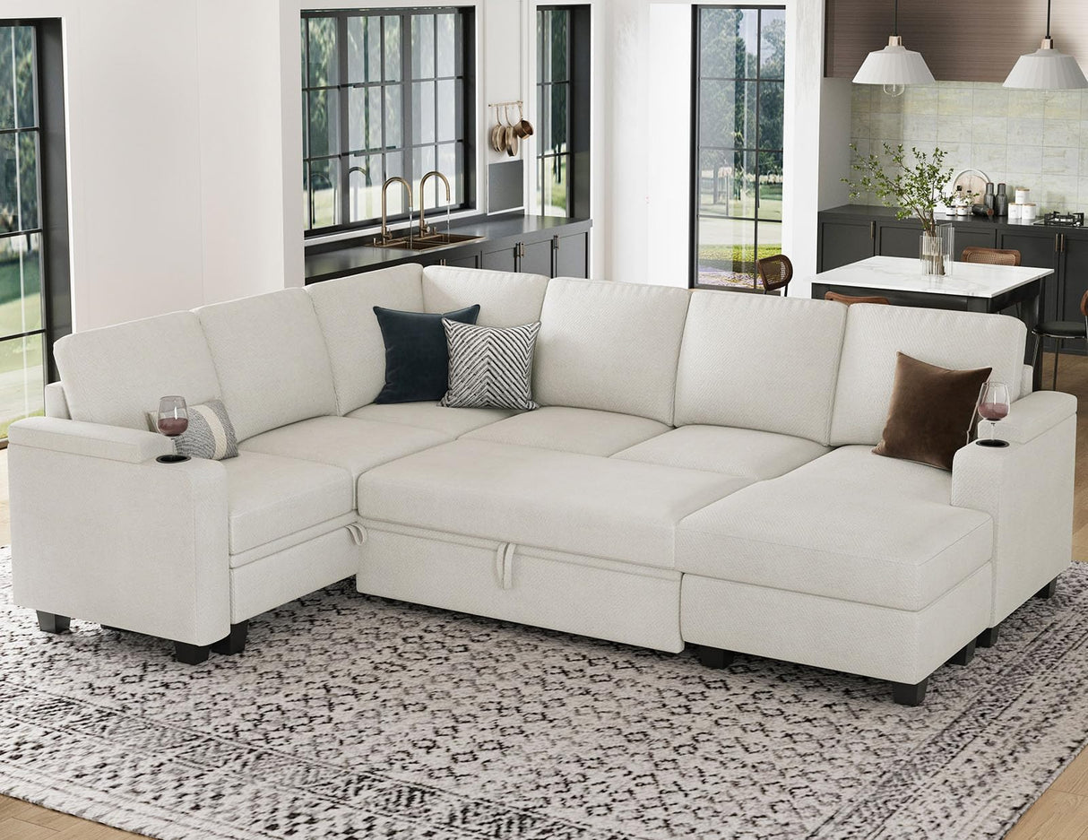 Belffin Sleeper Sofa Modular Sectional Pull Out Couch Bed U Shaped Sofa Couch for Living Room with Storage Chaise. White Belffin