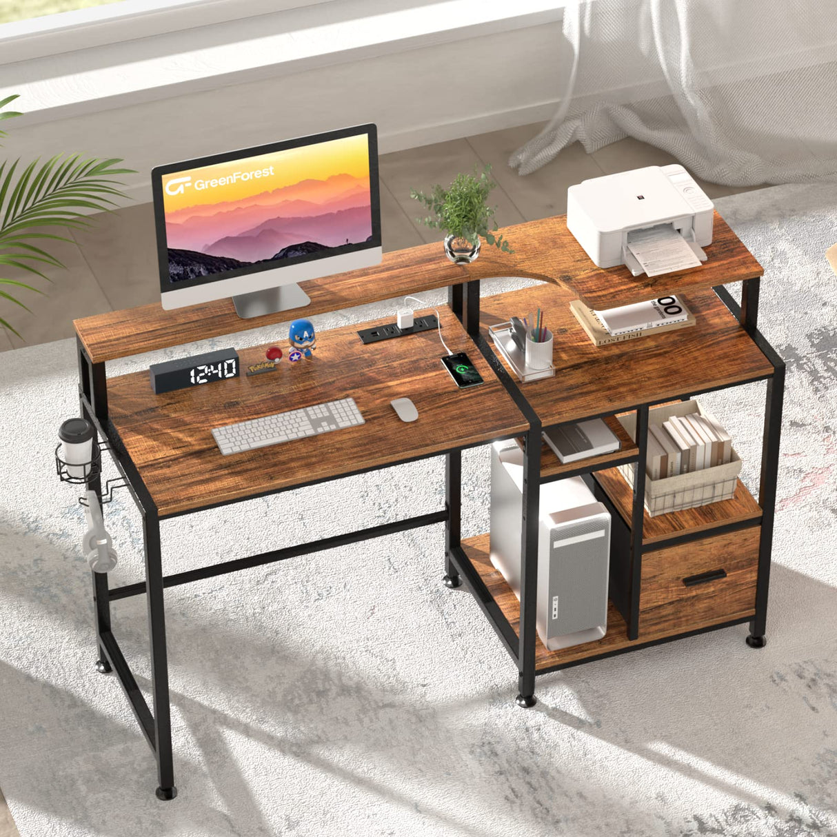 GreenForest Computer Desk with Drawers, Home Office Desk with Printer Shelf, 55 inches Desk with Storage, Writing Study Desk with Monitor Stand, Small Work Desk for Bedroom, Walnut GreenForest