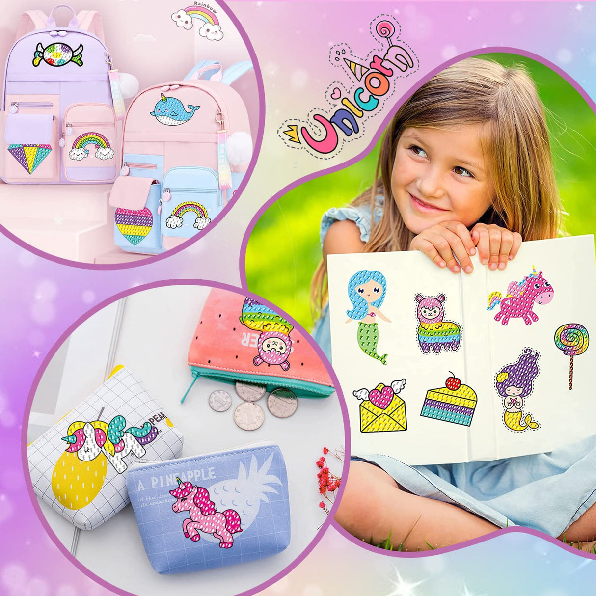 ACSAUMMY Diamond Painting Kits, 20pcs Uni-Corn Diamond Arts Paintings Stickers for Kids 5D DIY Diamond Dots Painting Self-Adhesive Mosaic Stickers Unicorn Gem Arts and Crafts for Kids Girls ACSAUMMY