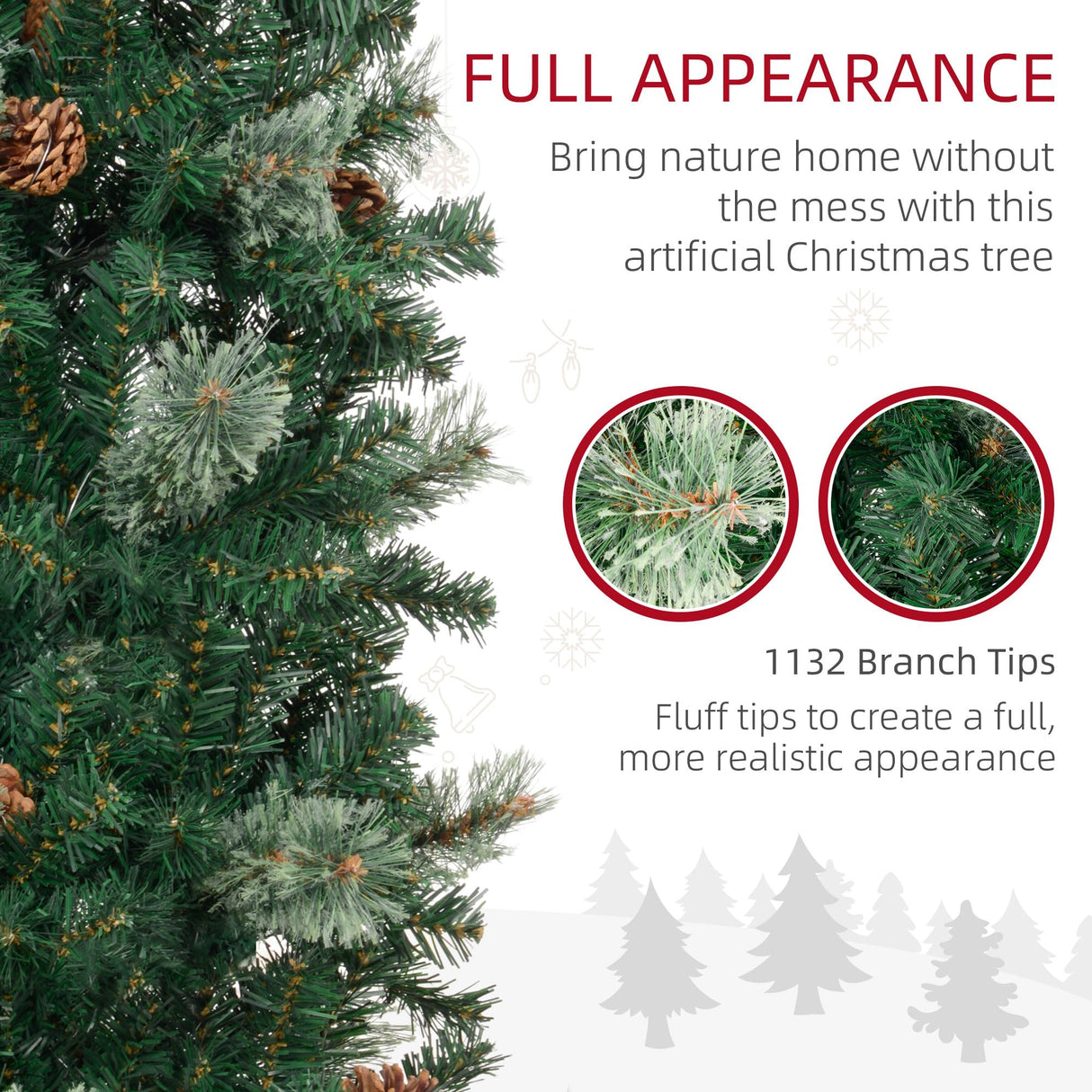 HOMCOM 9.5 Foot Pencil Artificial Christmas Tree, Slim Pine Needles Xmas Tree with Realistic Branches, Pine Cones, Metal Base, Green HOMCOM