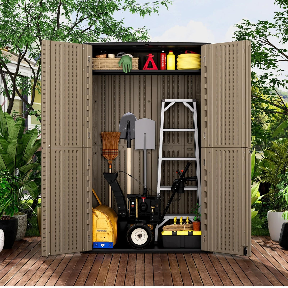 ZZM Large 67 Cu.ft Waterproof Storage Shed, Outdoor Storage Cabinet,Durable Resin Storage for Patio Furniture, Garden Tools, Pool Accessories, Mower Storage (Coffee) ZZM