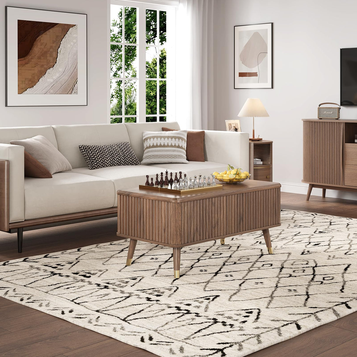 JOINICE Lift Top Coffee Table with Storage, Mid Century Modern Fluted Wood Design,Pop-Up Walnut Center Table with Hidden Compartment for Living Room & Home Office Work/Dining JOINICE