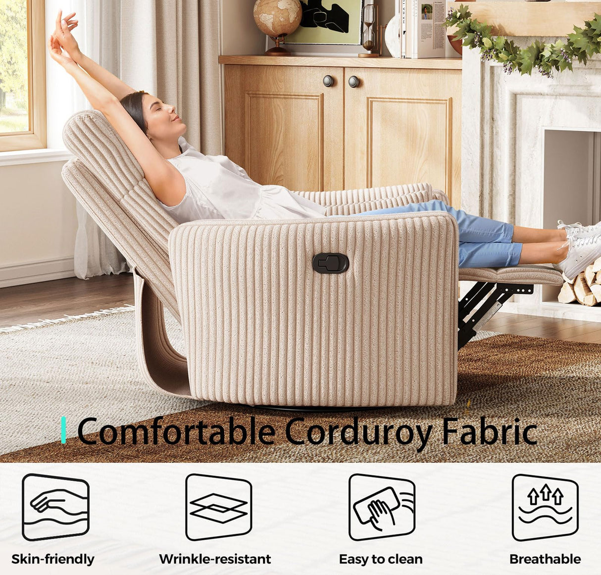 LINSY 360 Swivel Rocker Recliner - Corduroy Nursery Glider Rocking Chair with 2 Pillows, Comfy High Back Adult Recliner for Small Spaces, Nursery Bedroom Living Room Reclining Chairs (Beige) LINSY