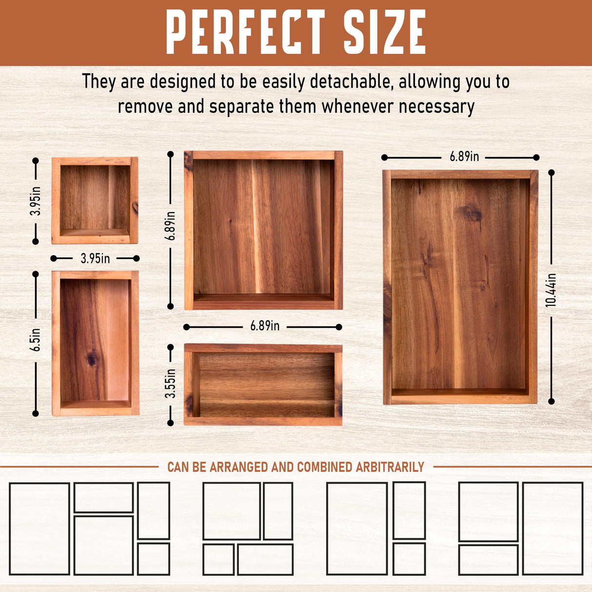 Demigo Acacia Drawer Organizer Set of 5, Cabinet Container Box, Wood Bin Set in Varied Sizes, Dividers Holder for Storage Cooking Utensils Spices Tea Bags Foods Office Items (Brown) Demigo