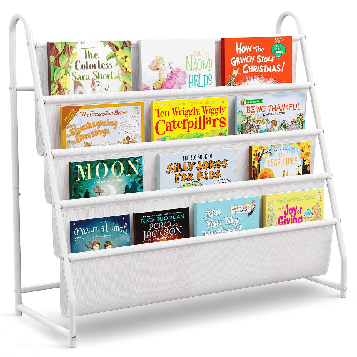Tatub Kids Bookshelf with 4 Tier Deep Sleeves, Children Montessori Bookshelf Sling Storage Book Rock, Toddler Front Facing Display Book Shelf for Playroom Nursery Bedroom Classroom Tatub