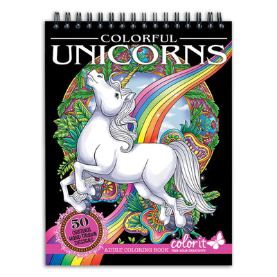 ColorIt Colorful Unicorns Adult Coloring Book - 50 Single-Sided Pages, Thick Smooth Paper, Lay Flat Hardback Covers, Spiral Bound, USA Printed, Hand Drawn Unicorn Coloring Pages