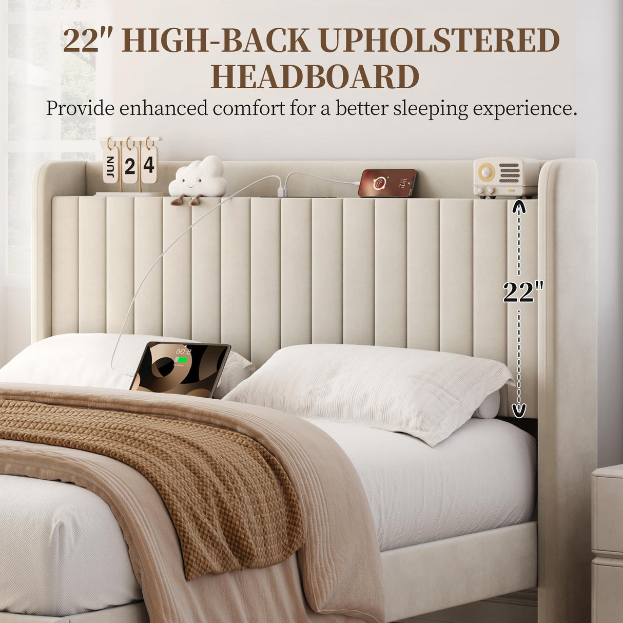 Yaheetech Queen Bed Frame with USB Charging Station and Storage Shelf/Upholstered Headboard Platform Bed with Wing Side/Wooden Slats Support/Noise Free/No Box Spring Needed/Easy Assembly, Ivory Yaheetech