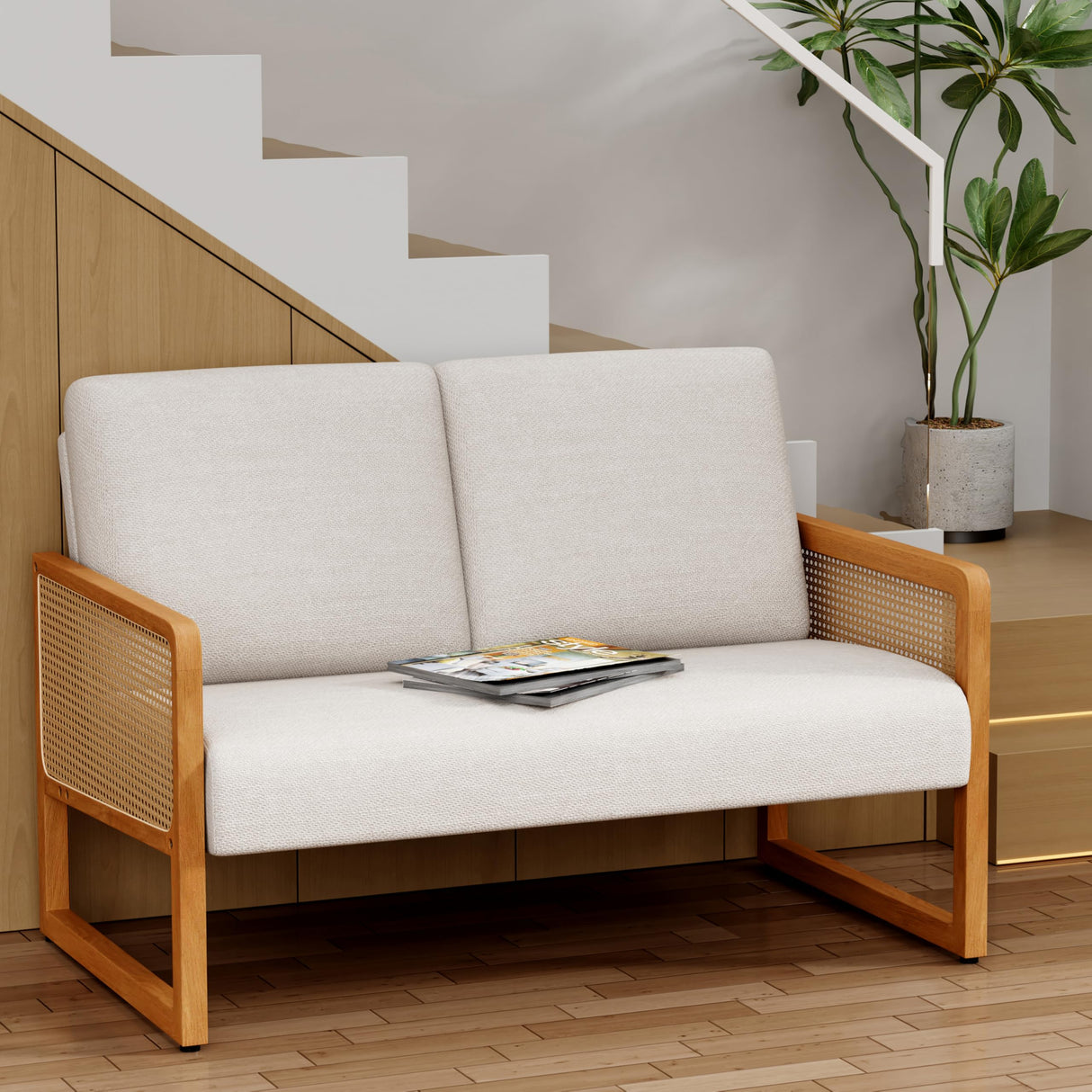 Alunaune Modern Loveseat Bench Couch with Natural Rattan Arm, Upholstered Linen Small Love Seat Sofa 2-Seats Living Room Couch Settee, Comfy Lounge Recliner Chair-Ivory Alunaune