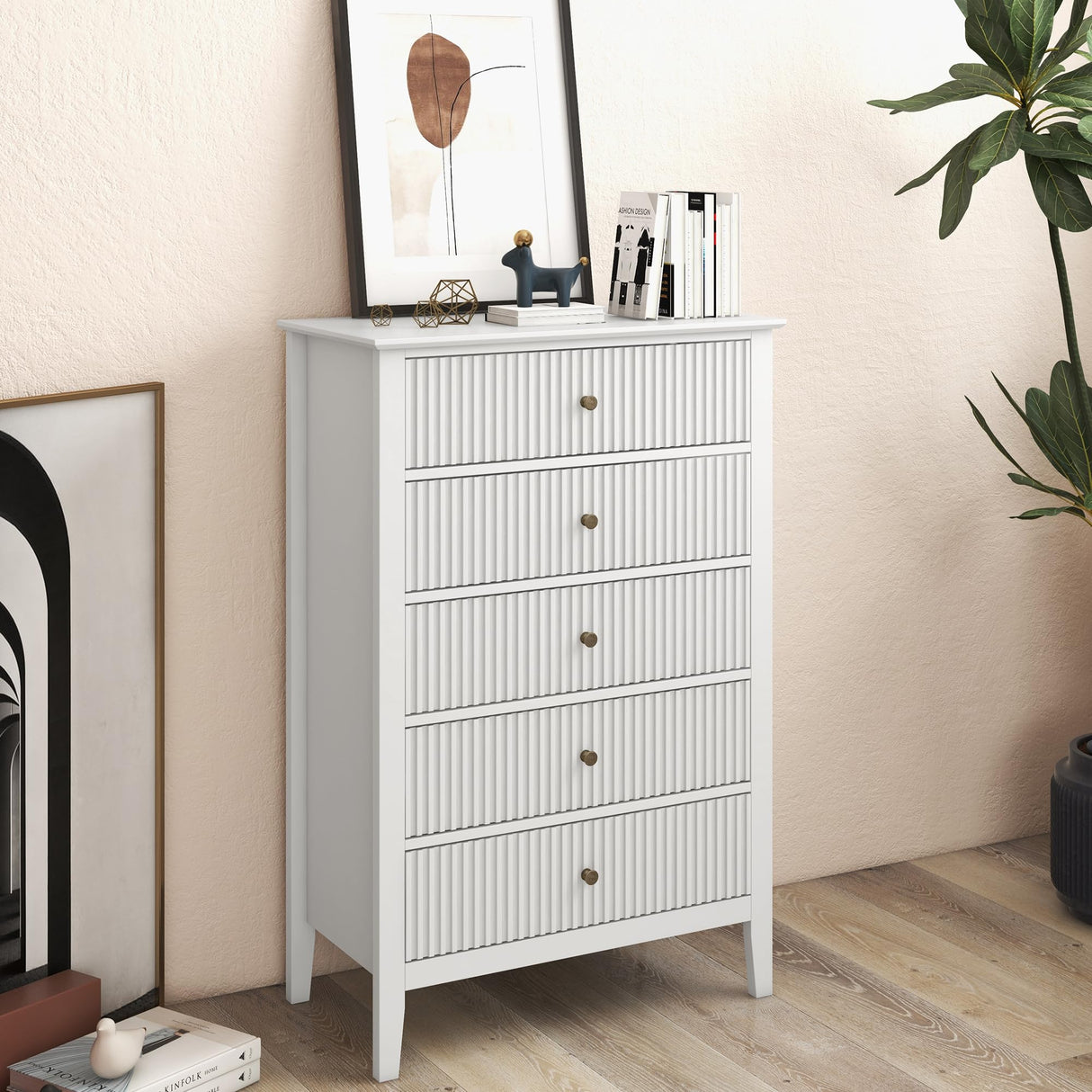 RoyalCraft White Fluted 5 Drawer Dresser for Bedroom, Tall Chest of Drawers with Ball Bearing Slide, Waterproof Lacquered Desktop,Modern Wood Storage Cabinet for Living Room RoyalCraft