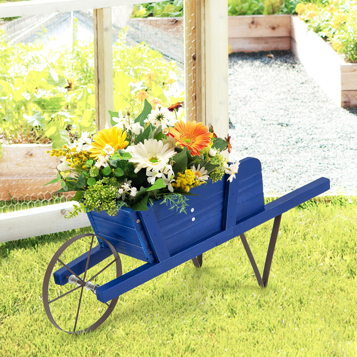 Giantex Wooden Wagon Planter, Small Wheelbarrow Wagon Flower, Indoor & Outdoor Raised Bed W/ 9 Magnetic Accessories, Wheel, 2 Handle, Wood Flower Cart Planter for Garden Backyard Holiday (Blue) Giantex