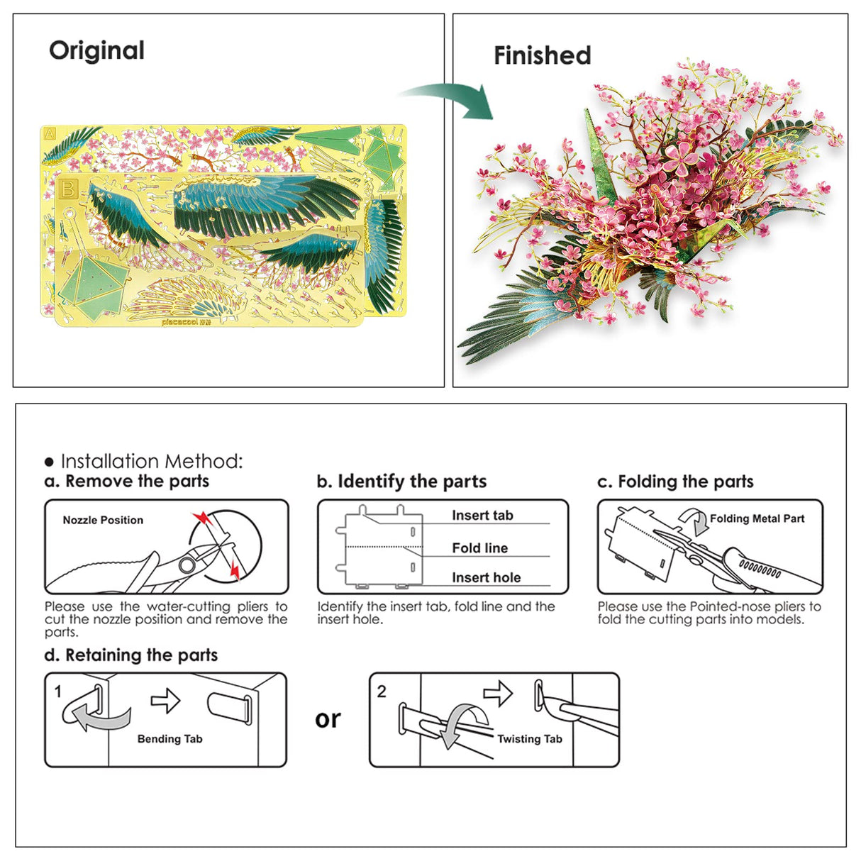 Piececool 3D Metal Model Puzzles for Adults, Peach Blossom Wish Cranes Model Building Kits, Brain Teaser Puzzle Beautiful DIY Craft Kits Great Birthday, 65Pcs Piececool