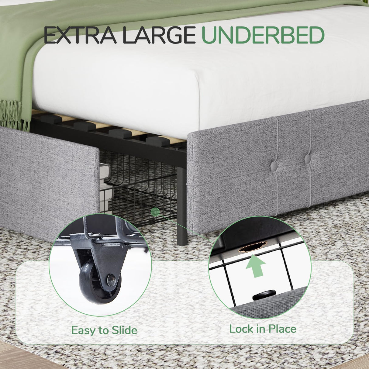 Novilla Upholstered King Size Bed Frame Platform with 4 Storage Drawers and Fabric Headboard, Non-Slip and Noise-Free King Bed Frame, Strong Wooden Slats, No Box Spring Needed, Grey Novilla