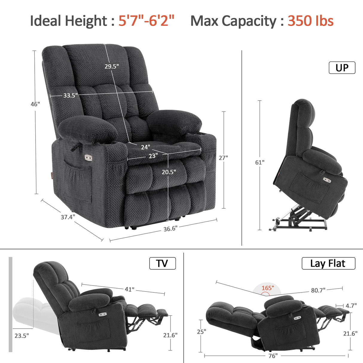 MCombo Large Dual Motor Power Lift Recliner Chair Sofa with Massage and Heat for Tall Elderly People, Infinite Position, USB Ports, Cup Holders, Fabric 7896 (Dark Gray, Large-Regular) MCombo