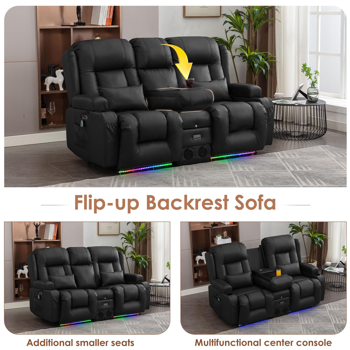 TUNYI Wall Hugger Power Loveseat Recliner - Reclining Loveseat with Console Theater Seating RV Recliner Sofa with USB/Outlet/Speaker/Cup Holder/LED Light/Storage (Black) TUNYI