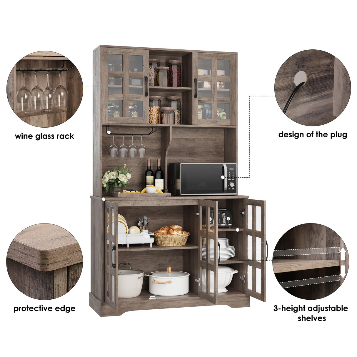 Keyluv Kitchen Pantry Storage Cabinet 71" Tall Freestanding Pantry Cabinet, Farmhouse Glass Door Buffet with Oven Countertop, Large Wood Hutch for Kitchen, Living Room and Dining Room, Rustic Keyluv