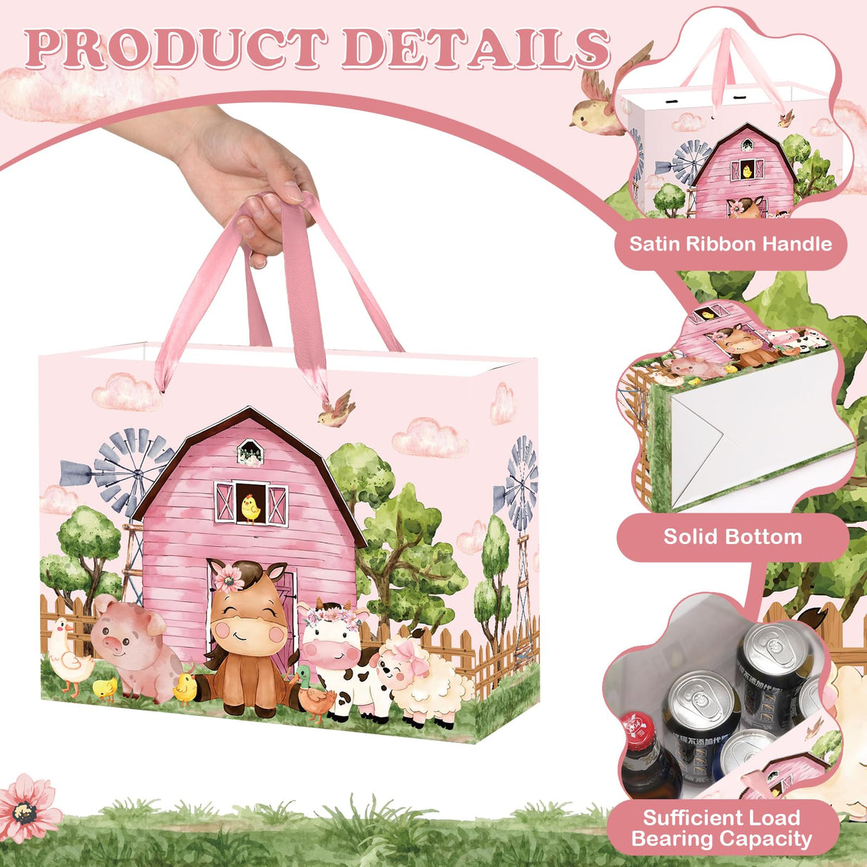 Farm Animals Theme Birthday Gift Bag for Girls Baby Shower Pink Farmhouse Barnyard Gift Bag Wrapping Paper Card Large Cows Pigs Gifts Bag for Baby Shower Farm Birthday Party Favors Supplies Innovoscape