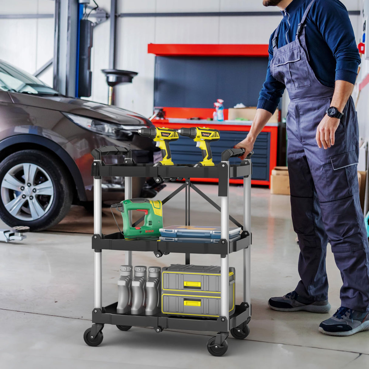 YITAHOME 240LBS Folding Utility Cart with Wheels, Foldable Utility Service Cart 3 Tier Collapsible Rolling Cart with 360°Swivel Wheels (2 with Brakes), Portable Cart for Home Garage Restaurant Office YITAHOME