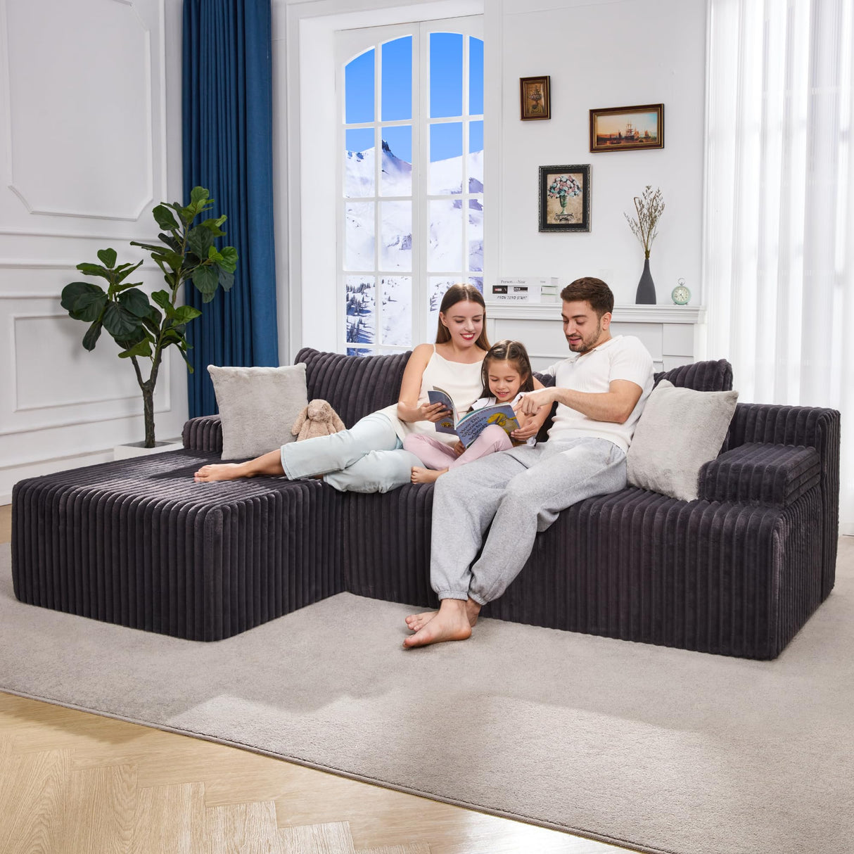 Hobestluk 96“ Modular Sectional Sofa Couches L-Shape Couch 3 Seat Modular Sofa Memory Foam Sectional Couches for Living Room, Cloud Couch with Oversized Chaise (Grey, Stripe (Left Facing Chaise)) Hobestluk