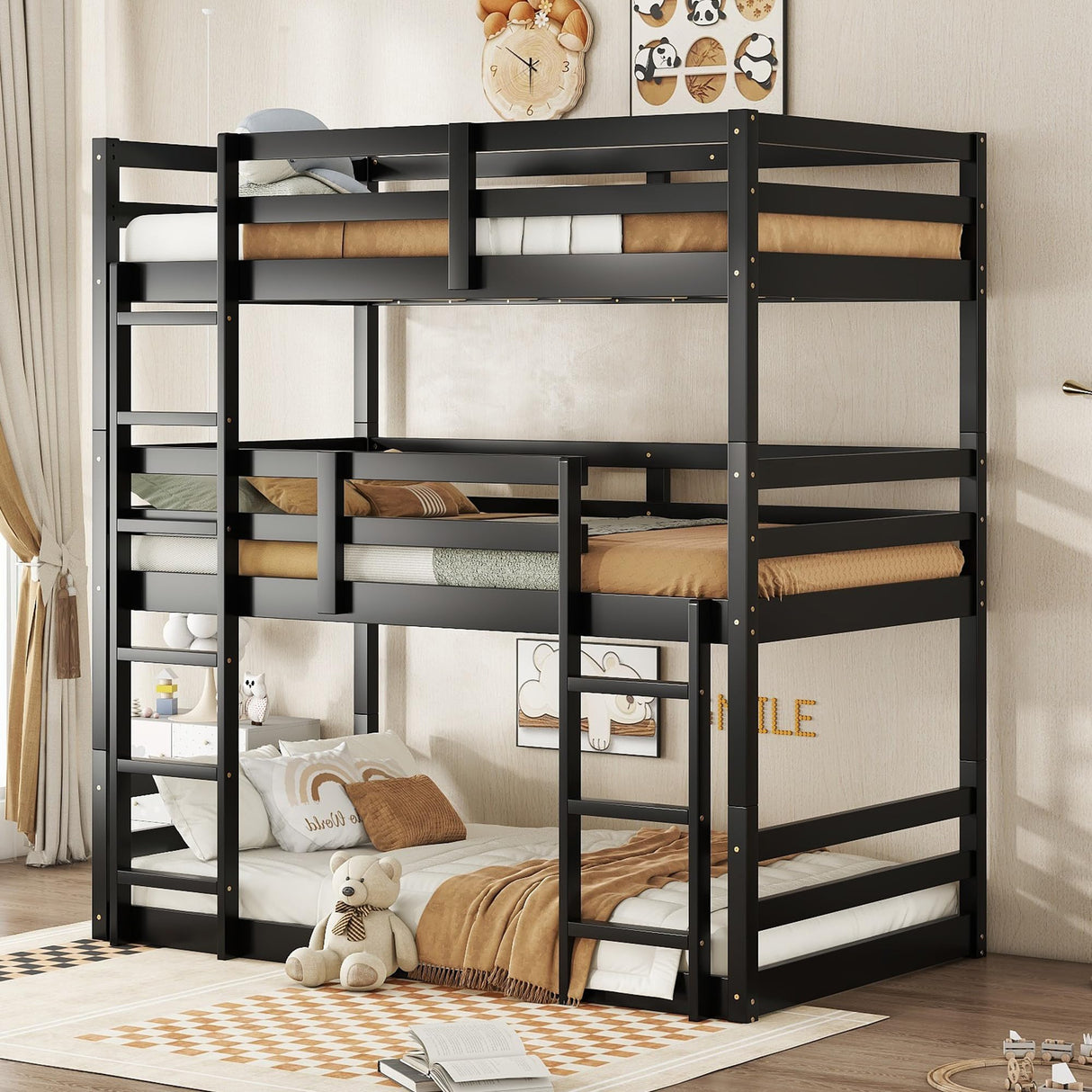 Hommoo Triple Bunk Bed Twin Over Twin Over Twin Wood Bed Frame Convertible Loft Bed for 3 Teens Adults with Ladder and Guardrail for Small Space Bedroom Dorm Black Hommoo