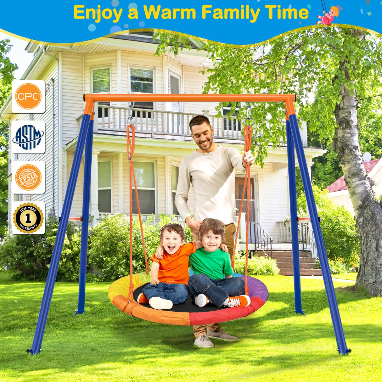 GIKPAL Saucer Swing with Stand for Kids Outdoor, 440lbs Swing Set with Heavy-Duty Metal Frame and Adjustable Ropes, Safe Waterproof Round Playset for Backyard Playground Park, Rainbow Color GIKPAL