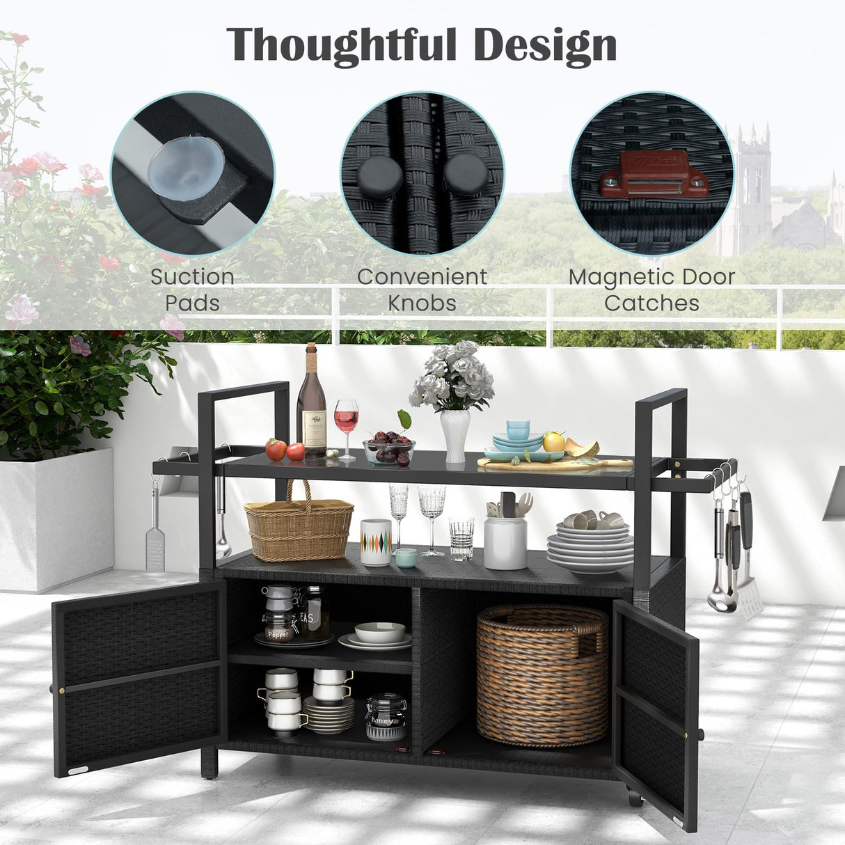 Tangkula Outdoor Bar Cart Table, Patiojoy Rolling Wicker Buffet Wheeled Serving Cart with Tempered Glass Top, Storage Cabinet & 8 Hooks, for Porch Backyard Garden Poolside (Black) Tangkula