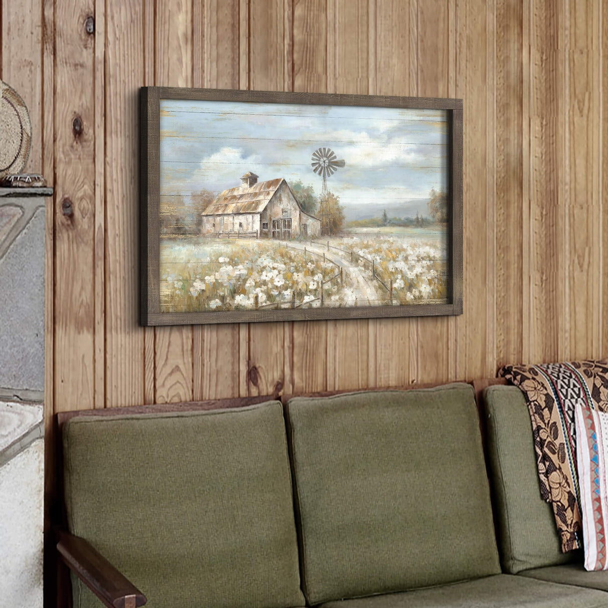 Barn Framed Wall Art Decor: Rustic Farmhouse Wooden Picture Countryside Windmill Meadow Painting Blue Sky and Wild Flowers Prints Artwork for Bedroom Kitchen 36'' x 24'' cozy country