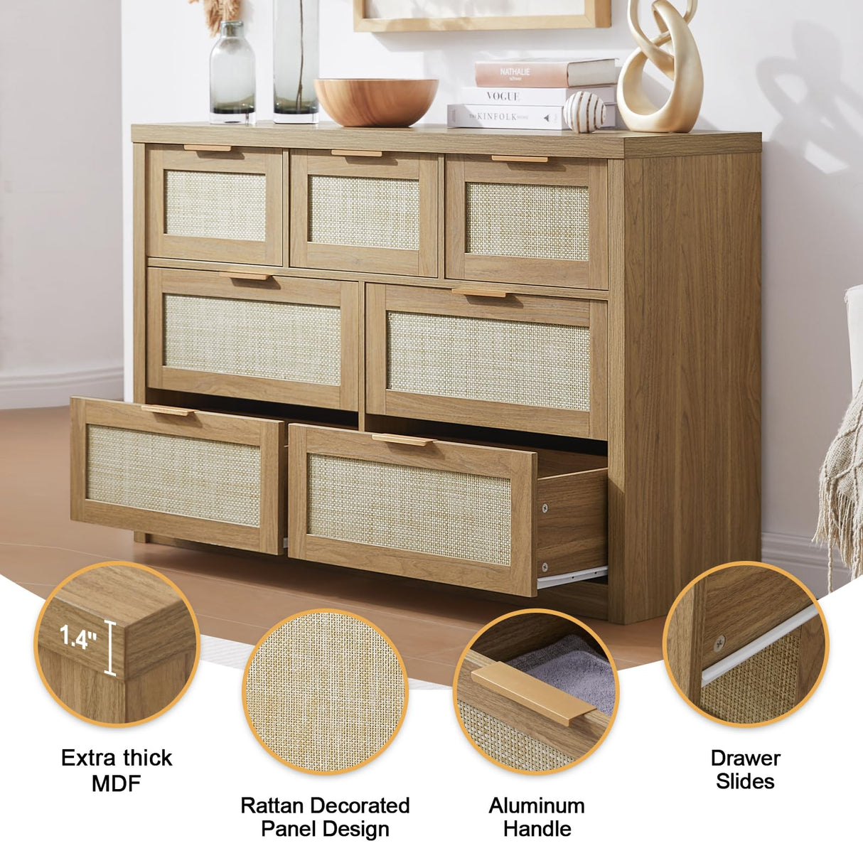 OAKHAM HOME 7 Drawers Dresser, Rattan Dresser TV Stand for Bedroom Closet, Wood Chests of Drawers with Metal Handle and Wide Drawers, 52.76" W x 17.71" D x 31.69" H OAKHAM HOME