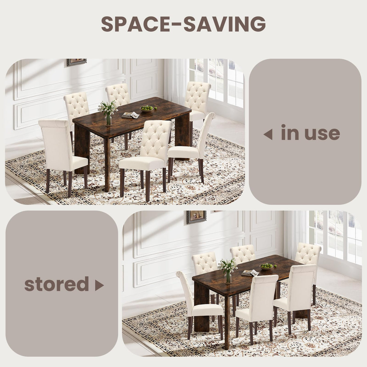 MALOL 7-Piece Rectangular Dining Table Set for 6, 63" Industrial Kitchen Table with 6 Tufted Parsons Dinner Chairs for Dining Room, Kitchen, Living Room, Brown+Beige MALOL
