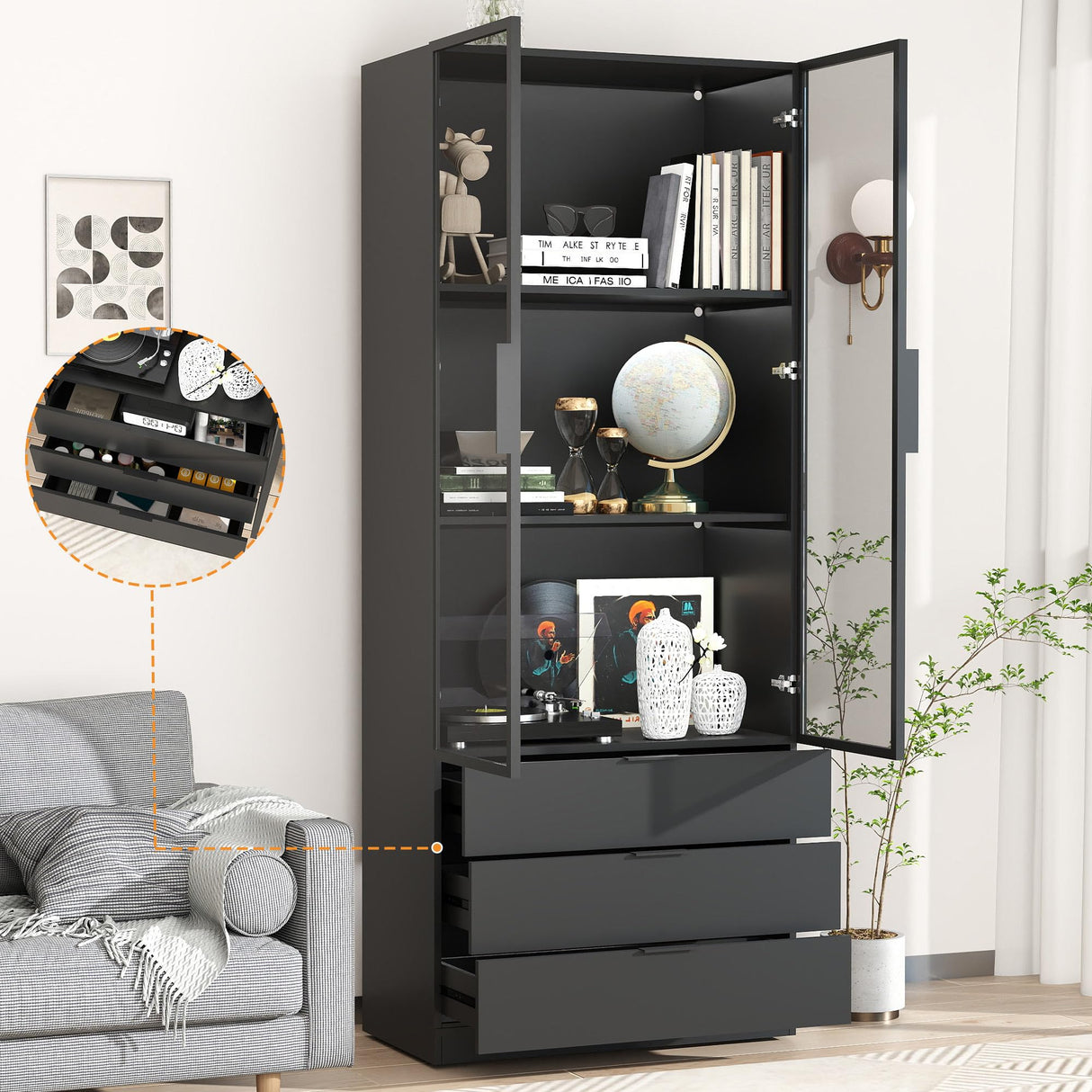 Mhsatyrs Display Cabinet with Glass Doors: 79" Black Tall Bookcase with Cabinet with 2 Doors and 3 Color Lights,Curio Bookshelf with Glass Door and 3 Drawers(Black) Mhsatyrs