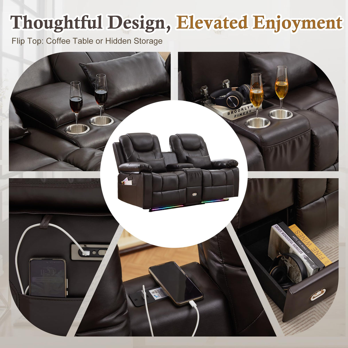 SnyFivv RV Power Loveseat Recliner Sofa, PU Leather Double Wall Hugger Reclining Sofa Home Theater Seating with Console, Cup Holders, LED Lights, 2 Person Couch RV Furniture for Living Room (Brown) SnyFivv