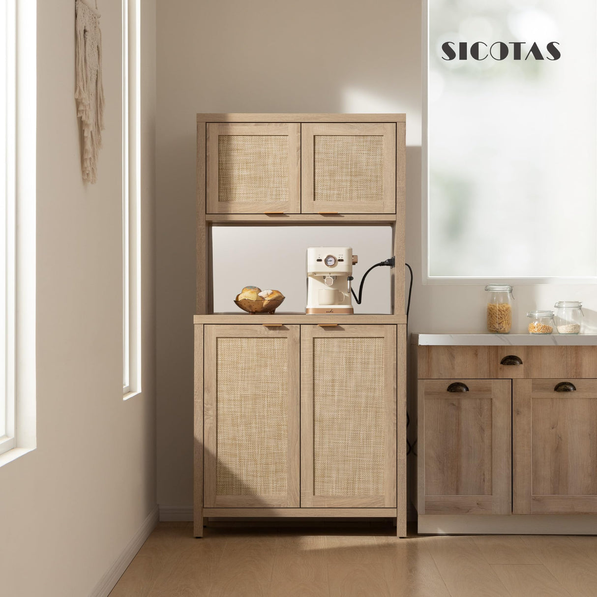SICOTAS Tall Farmhouse Kitchen Pantry Storage Cabinet, Wooden Pantry Cabinet with Steel Mirror, Power Outlet and Rattan Door, Boho Large Freestanding Cupboard for Kitchen, Dining Room, Light Oak SICOTAS