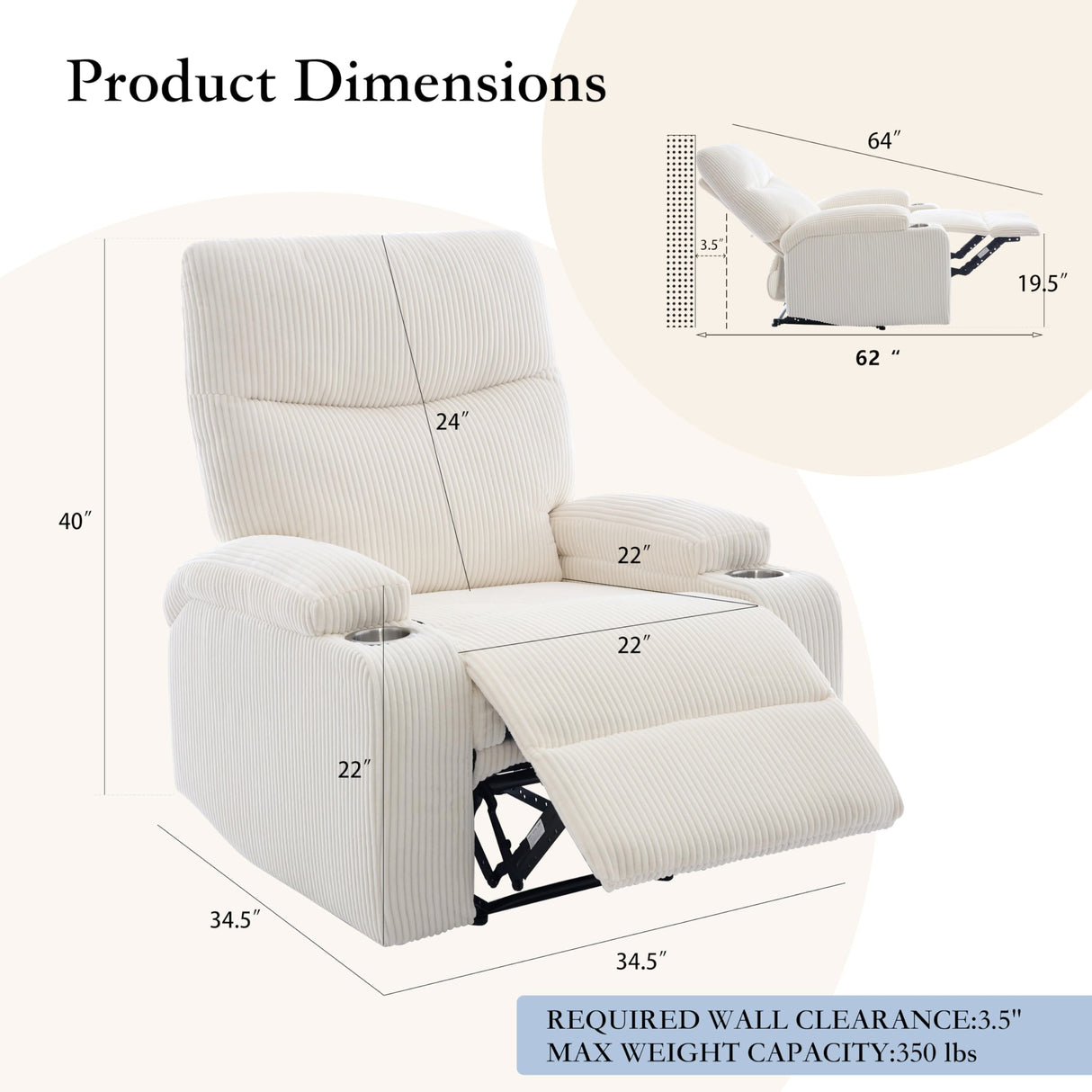 Recliner Chair, Manual Sofa-3 Comfortable Seating Positions, Ideal for Living Room, Office, RV, or Home Theater, Oversized Recliner Chairs for Adults(White) AIWOEN