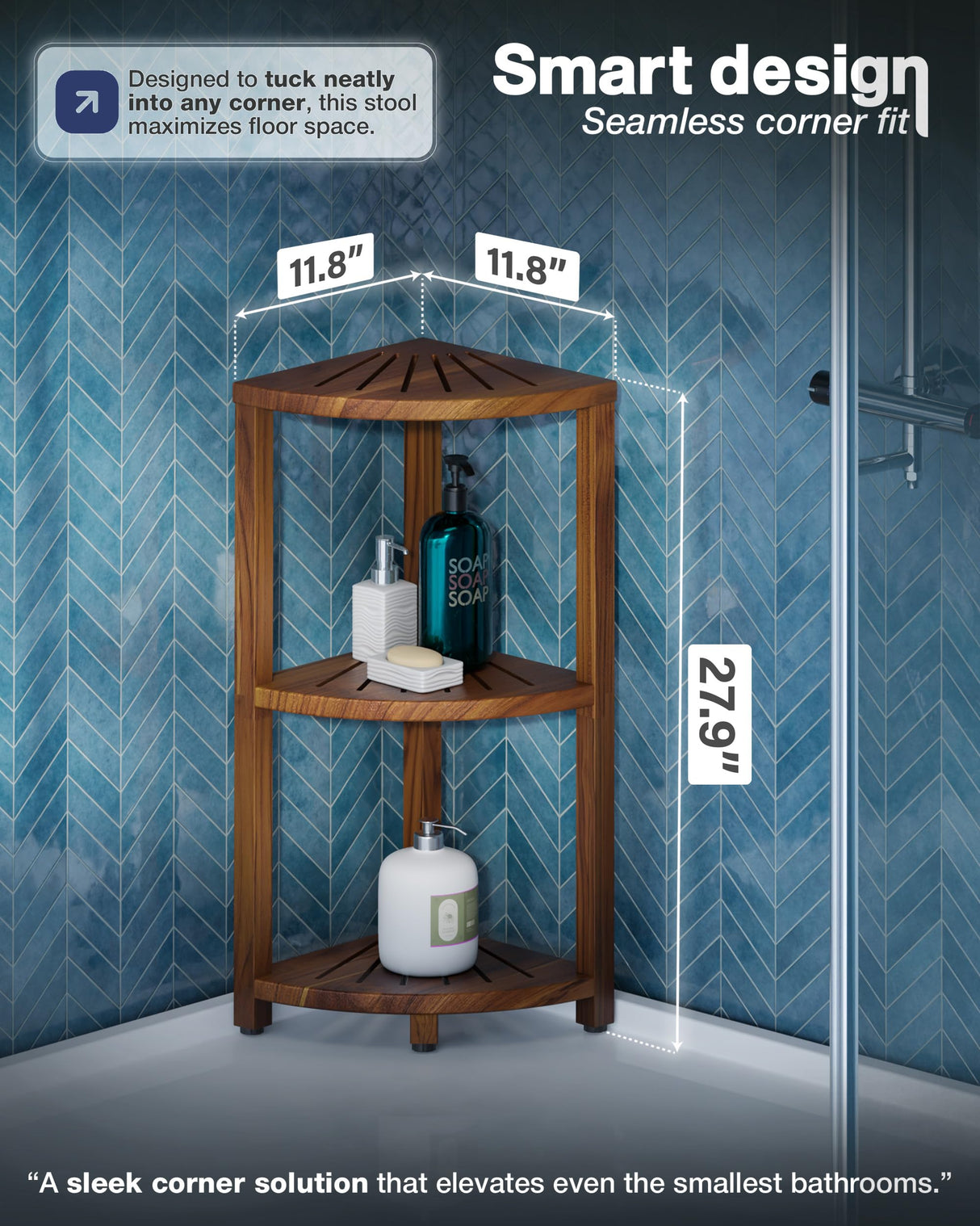 BLUEWEST 3-Tier Corner Shower Caddy Stand, Wood Shower Organizer Standing with Anti-Slip Feet, Waterproof & Durable Bathroom Corner Shelf, Space-Saving Design Storage for Kitchen or Living Room BLUEWEST