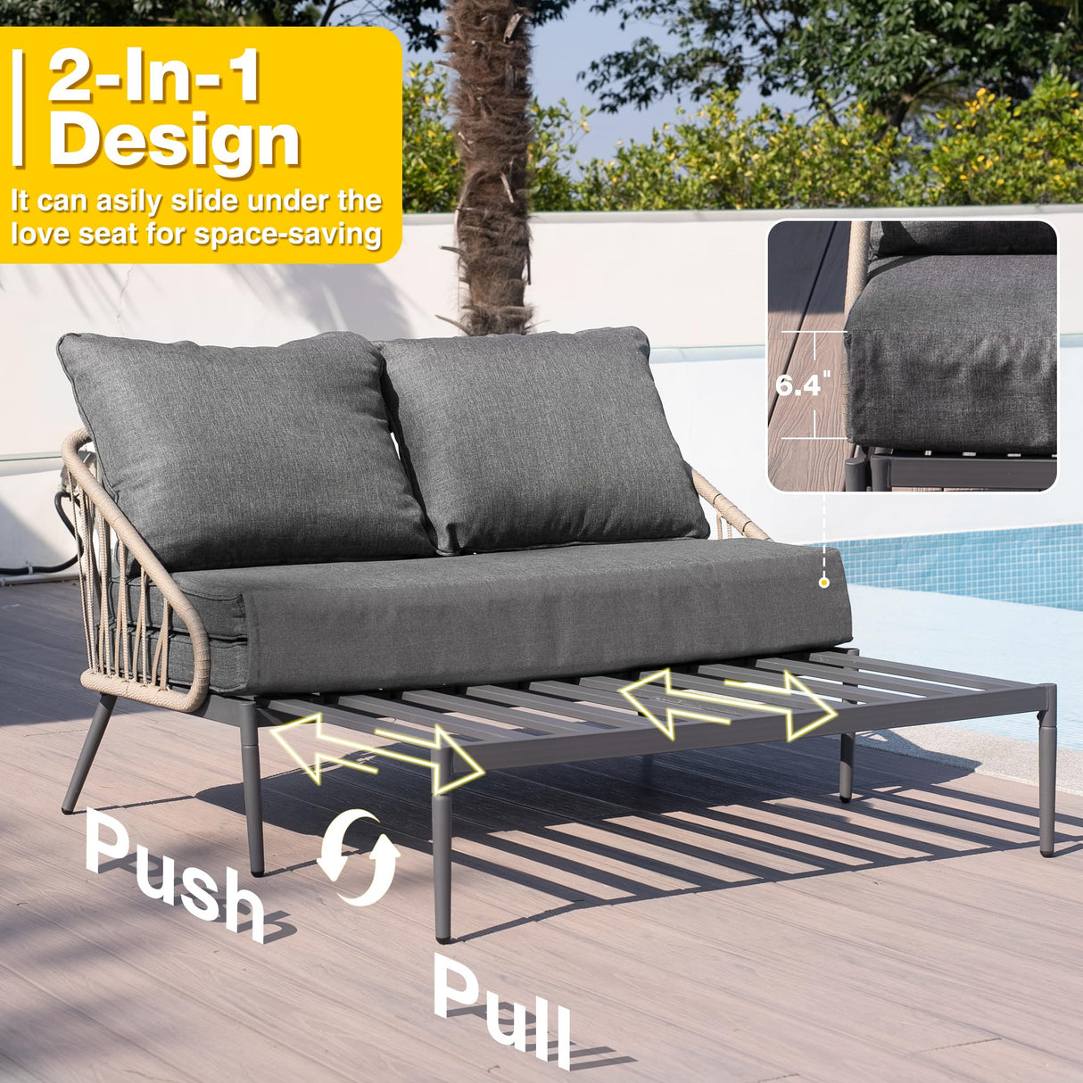 COMLAX FIELD Patio Adjustable Daybed, 2-Person Outdoor Daybed with Cushions and Pillows, Woven Rope Patio Loveseat Garden Adjustable Reclining Chaise Lounge for Lawn, Poolside, Grey COMLAX FIELD