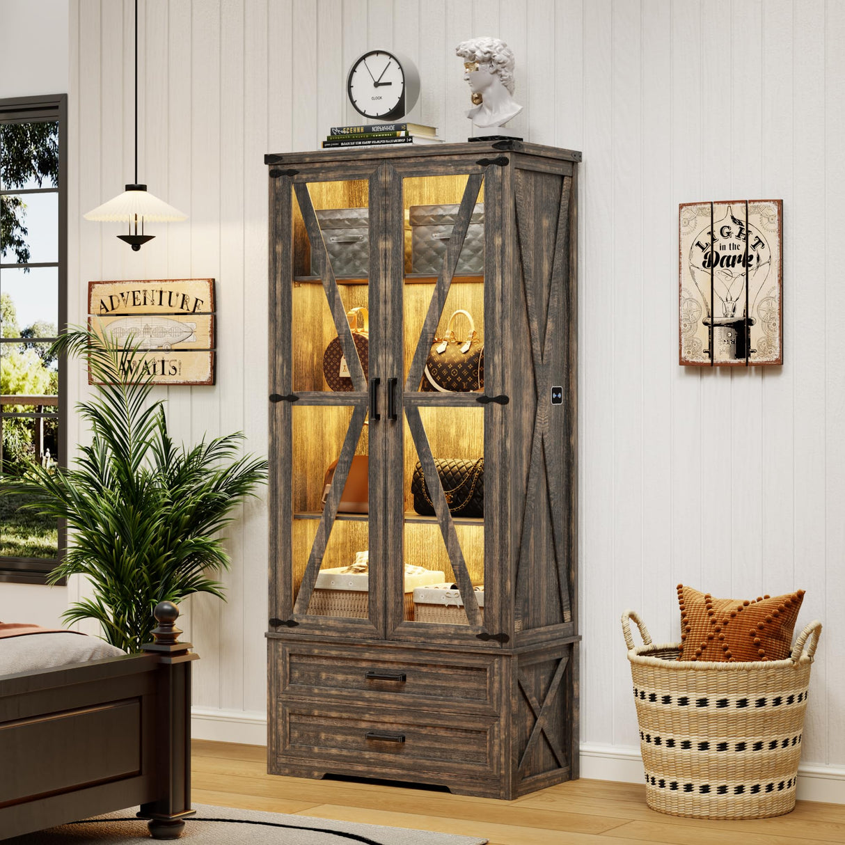 FREDEES Rustic Brown Farmhouse Storage Cabinet with Adjustable Shelves and LED Display FREDEES