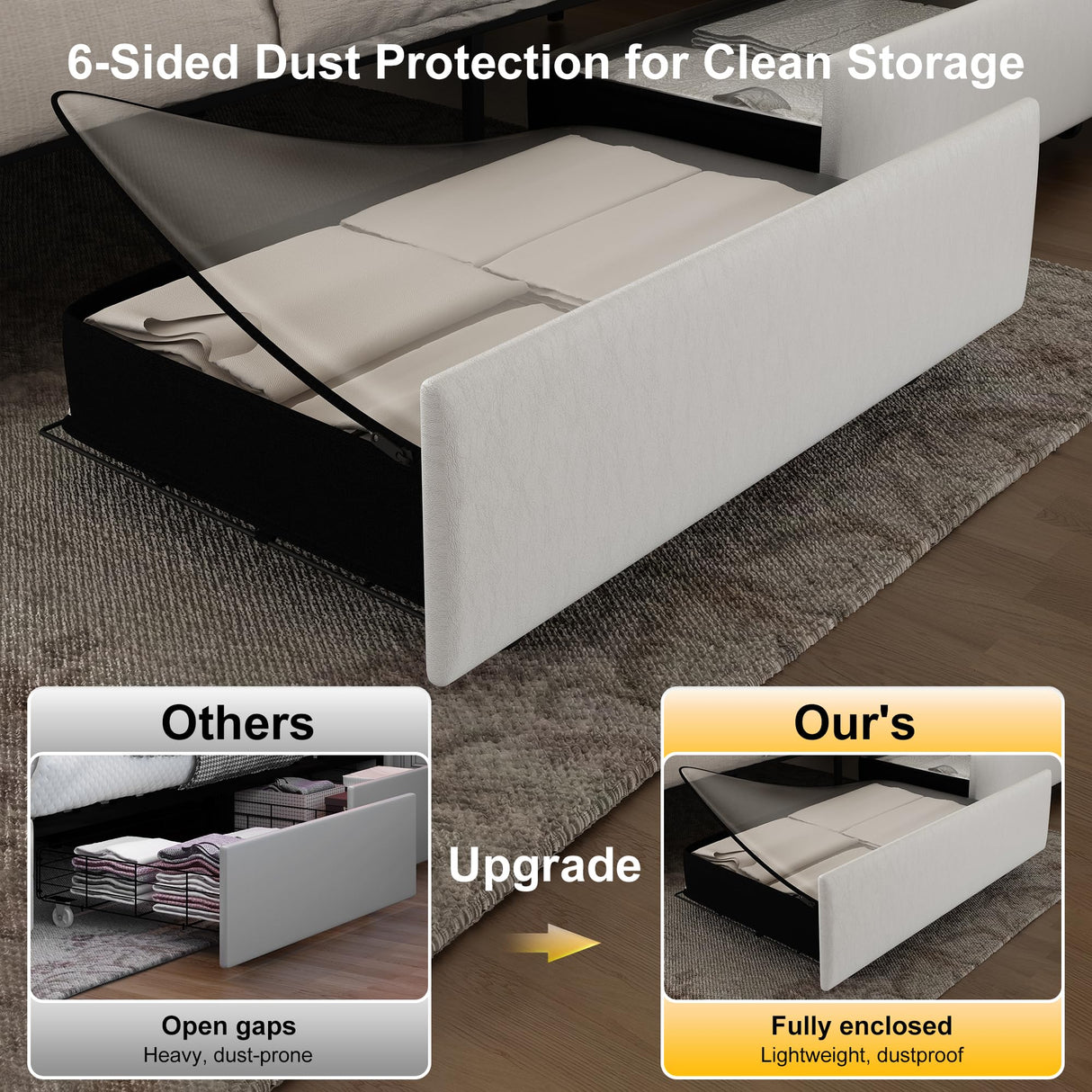 GEGOFORU Queen led Bed Frame with 4 Drawers,Galaxy Projector Adjustable Upholstered Headboard Diamond Bed Frame with Charger Music Speaker, No Box Spring Needed, Wooden Slats Support, PU White GEGOFORU