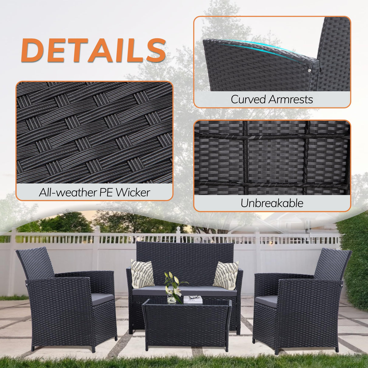 Seogwisam 4 Piece Patio Furniture Set, Outdoor Wicker Conversation Set, Rattan Sectional Sofa Couch with Glass Coffee Table & Thick Cushion for Backyard, Porch, Garden, Poolside, Black/Grey Seogwisam