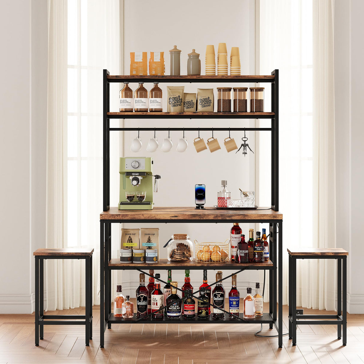 IRONCK Kitchen Island with Stools, Dining Table Set with Storage and Power Outlet, Industrial Coffee Bar Table for Kitchen Dining Living Room, 10 Hooks (Vintage Brown) IRONCK