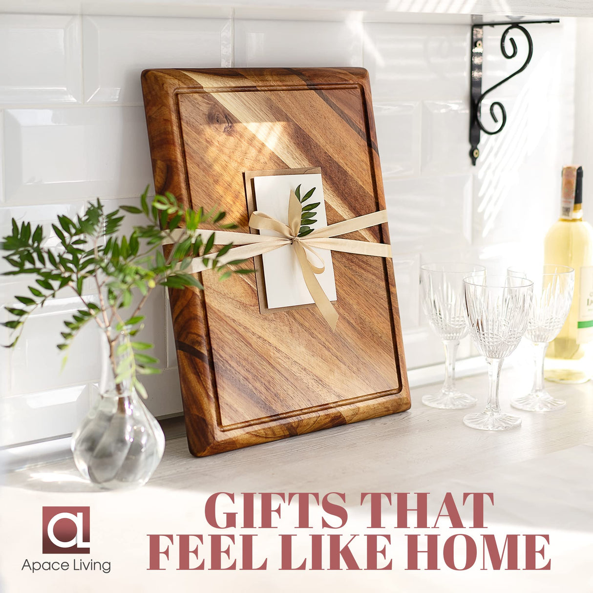 Contour Wood Cutting Board - Large Acacia Butcher Block Chopping Board for Kitchen w/Stand, Sustainable Wood, Juice Groove - Doubles as 4 Compartment Apace Living