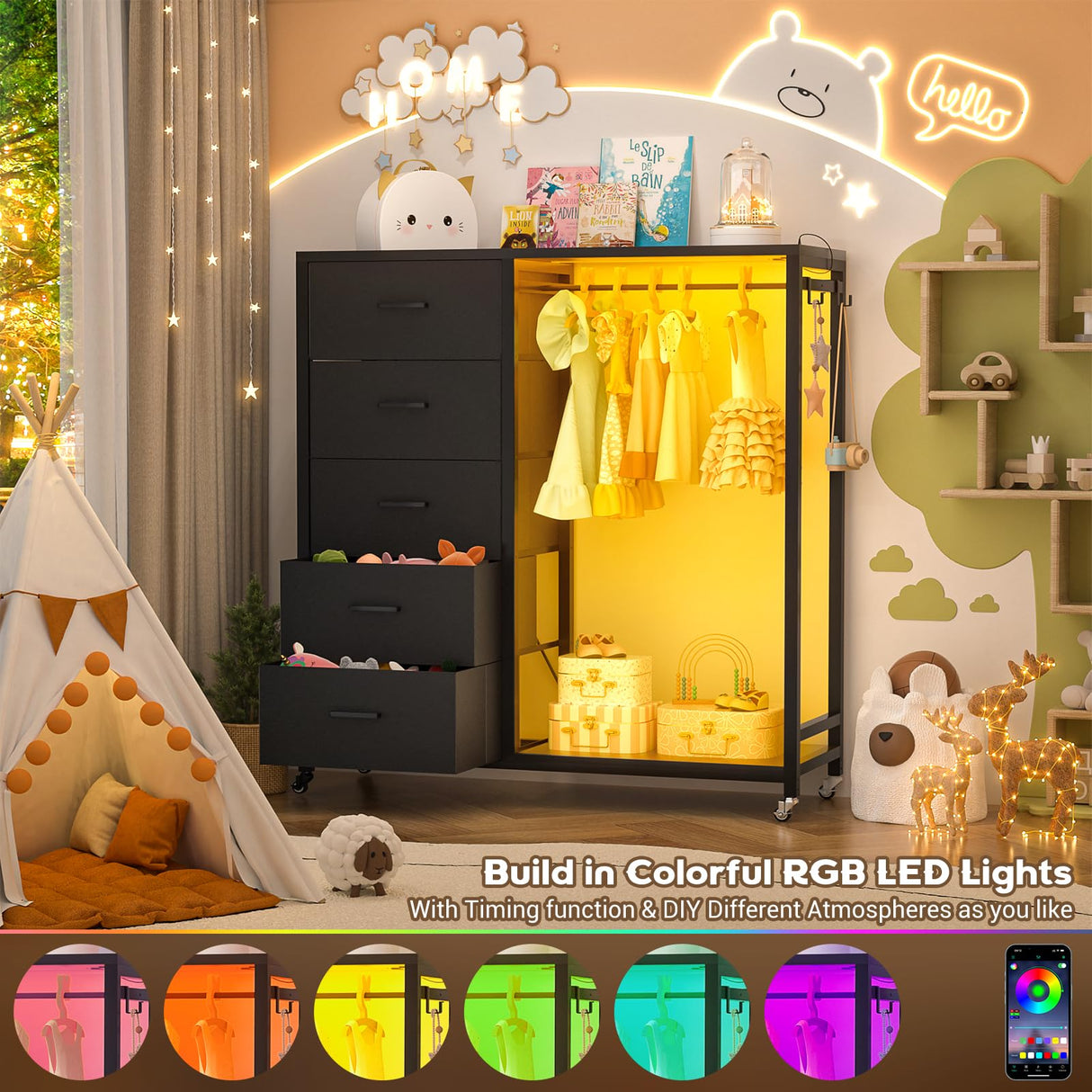 Cyclysio 5 Drawers Dresser with Charging Station & LED Lights, Dresser for Closet with 5 Fabric Drawers, Lockable Wheels, Bedroom, Entryway Cyclysio