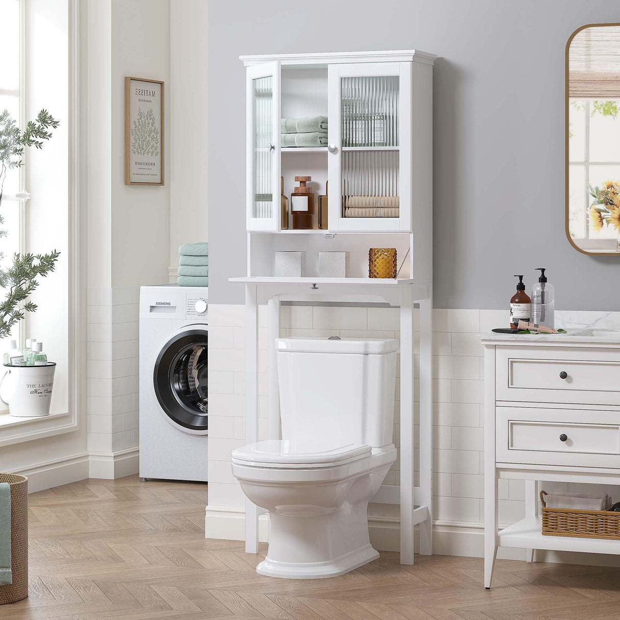 Spirich Over The Toilet Storage Cabinet with Muro Glass Doors, Over Toilet Bathroom Organizer with Tilt-Out Cube and Adjustable Shelf, White Spirich