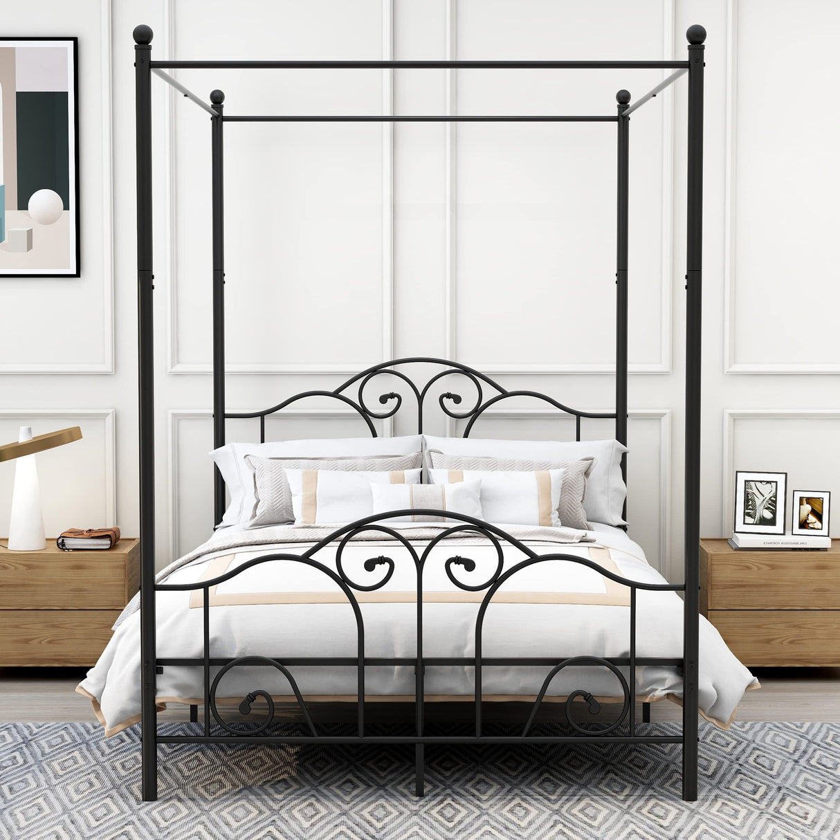 AUFANK Full Size Four-Poster Metal Canopy Bed Frame with Headboard and Footboard Sturdy Slatted Structure No Box Spring Needed Black AUFANK