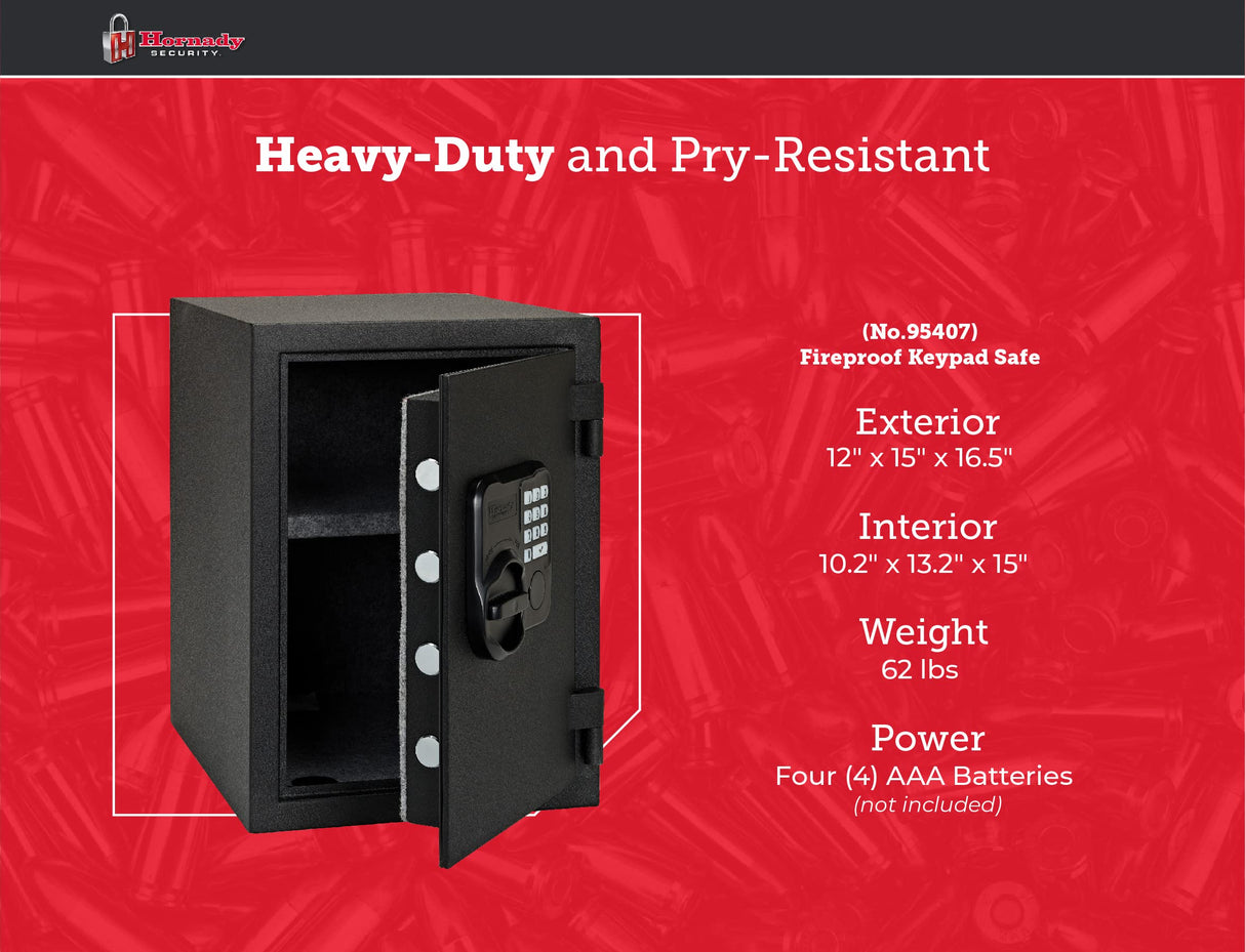 Hornady Fireproof Safe for Guns and Valuables with Keypad Entry - Secure Your Firearms, Cash, Documents, Jewelry and More - 4-6 Digital Keypad Entry, Interior Light and Backup Key - Item 95407 Hornady