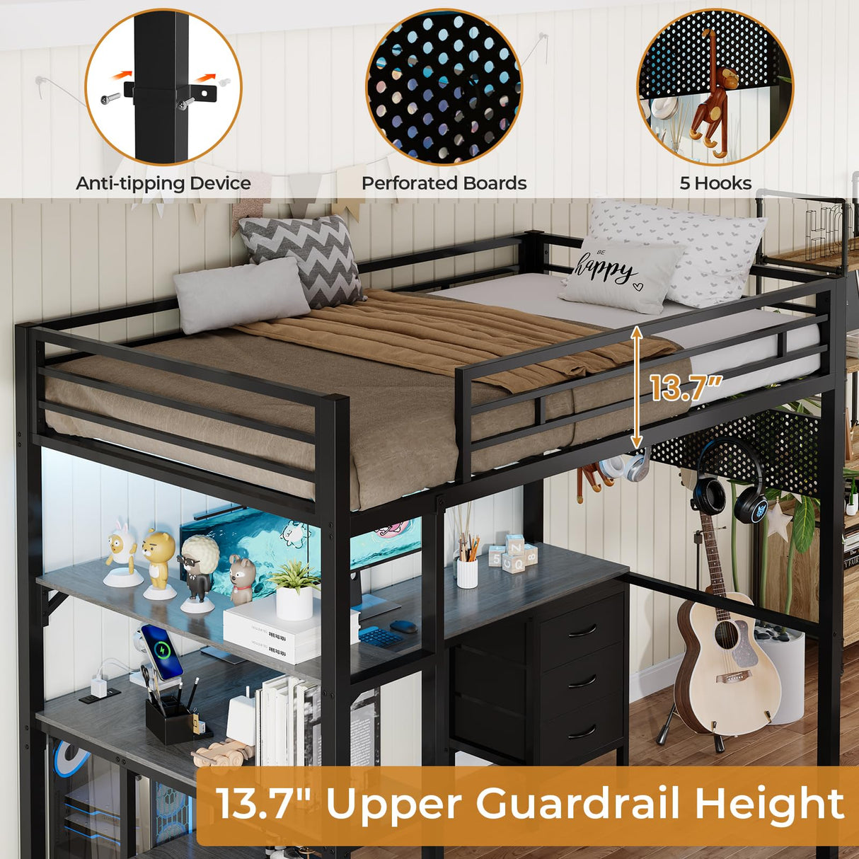 BTHFST Loft Bed Twin Size with L-Shape Desk & RGB LED Lights & Charging Station, Twin Bunk Bed with Fabric Drawers & Shlves, 13.4'' H Safety Guardrail, Noise Free, No Box Spring Needed BTHFST
