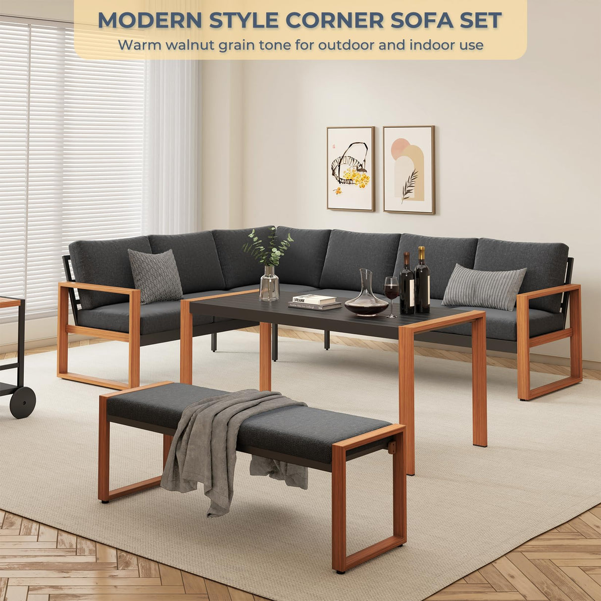 Grand patio Aluminum Patio Furniture Set, L Shaped Outdoor Sectional Sofa with Dining Table and Bench, Modern Outdoor Conversation Couch with Chaise, Faux Wood Grain Finish Grand patio