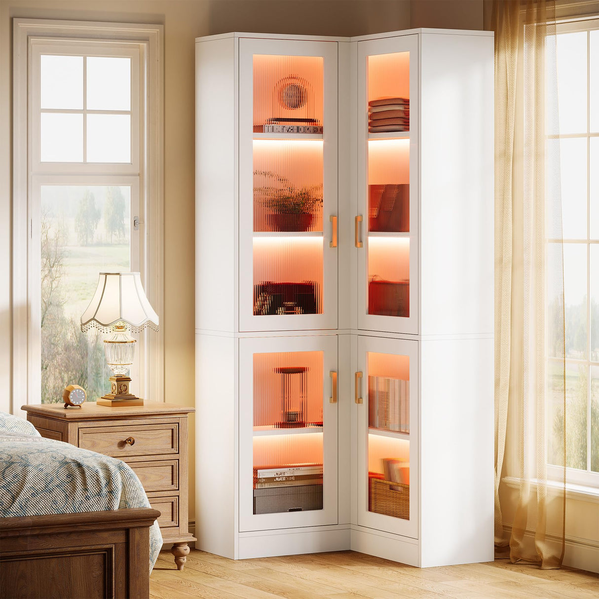 Tribesigns 70.9" Tall Bookcase with LED Light, Modern 5-Tier Bookshelf Display Cabinet with 4 Acrylic Doors, L-Shaped Corner Storage Cabinet for Bedroom Living Room Office, White Tribesigns